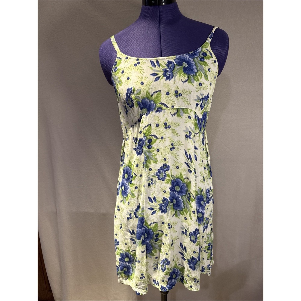 Pudding Shop Floral Sundress Blue Green White Button Back Tie Rayon Size 0